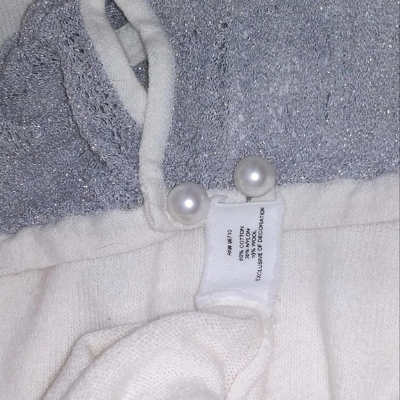 ROMANTIC Vintage Inspired Ivory SWEATER w Silver Metallic Mesh Collar Pearl L - Picture 6 of 10